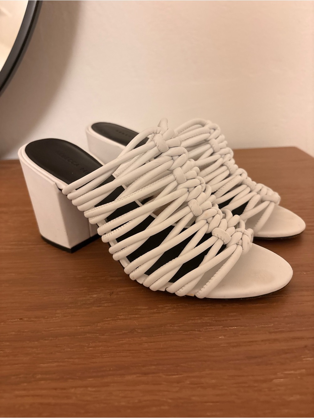 Rebecca Minkoff White Strappy Block Heel Mules
